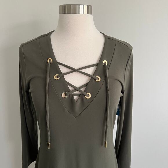 Calvin Klein Lace Up Long Sleeve Dress Soft Slinky Packable 4 Olive Green NWT - Picture 2 of 7